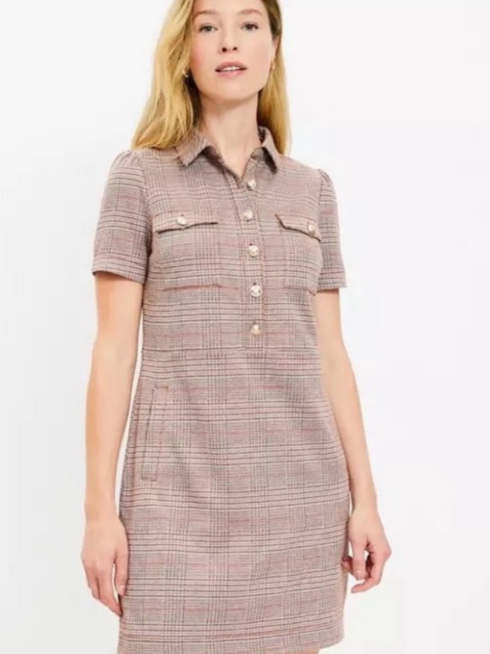 LOFT Petite Plaid Ponte Mini Dress with Gold Buttons and Pockets - 0P NWT